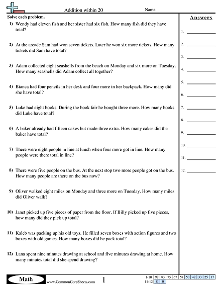 Addition Worksheets - Word Addition Within 10 worksheet